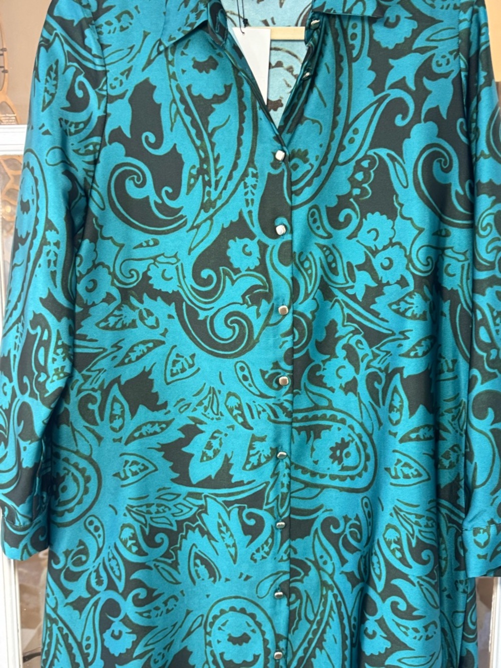 Zara Teal and Black Paisley Long Sleeve Dress satin maxi button down gold accent - Picture 3 of 6